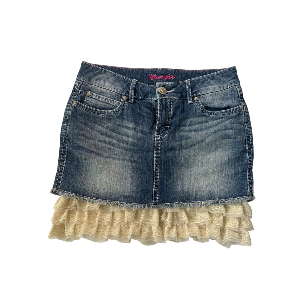 Wrangler Denim Mini Skirt Medium Wash Lace Ruffle Hem Boho Western Blue Womens